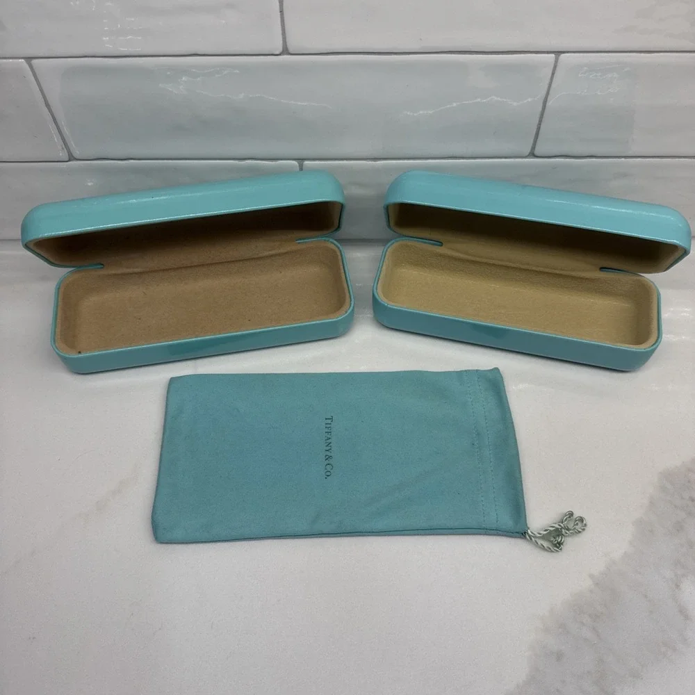 (2) Tiffany & Co Blue Hard Sunglasses Eyeglasses Case W/ Microfiber Pouch/Cloth